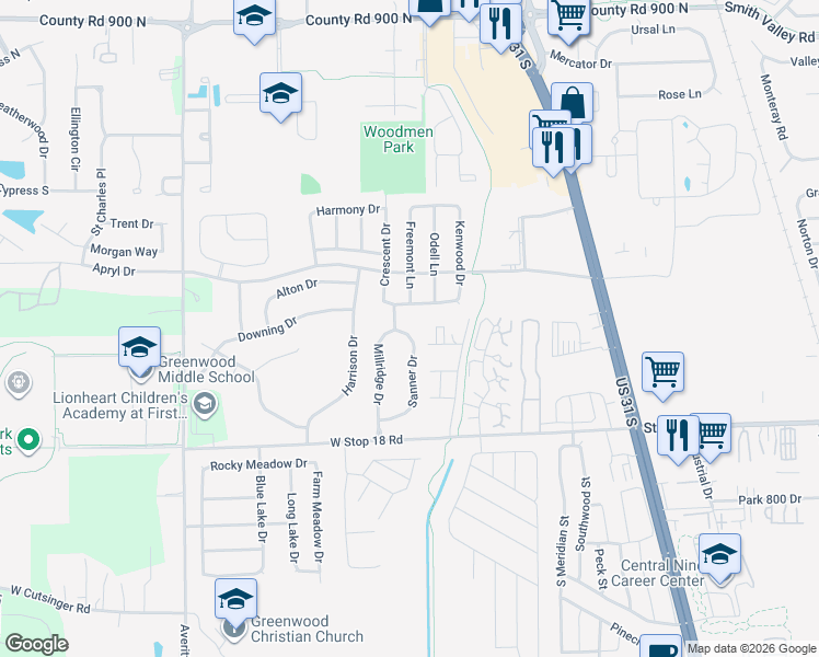 map of restaurants, bars, coffee shops, grocery stores, and more near 1355 Sanner Drive in Greenwood