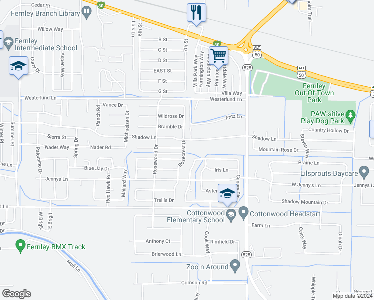 map of restaurants, bars, coffee shops, grocery stores, and more near 172 Rosecrest Drive in Fernley