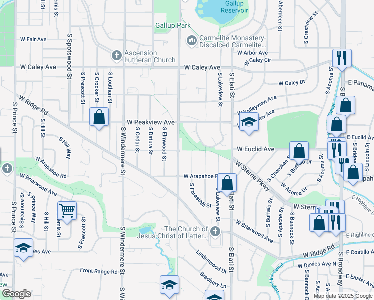 map of restaurants, bars, coffee shops, grocery stores, and more near 6599 South Foresthill Street in Littleton