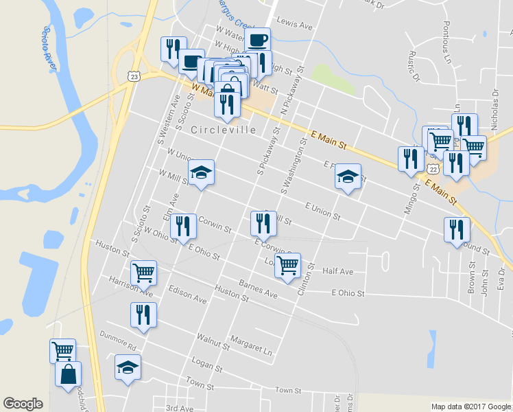 map of restaurants, bars, coffee shops, grocery stores, and more near 210 East Mill Street in Circleville
