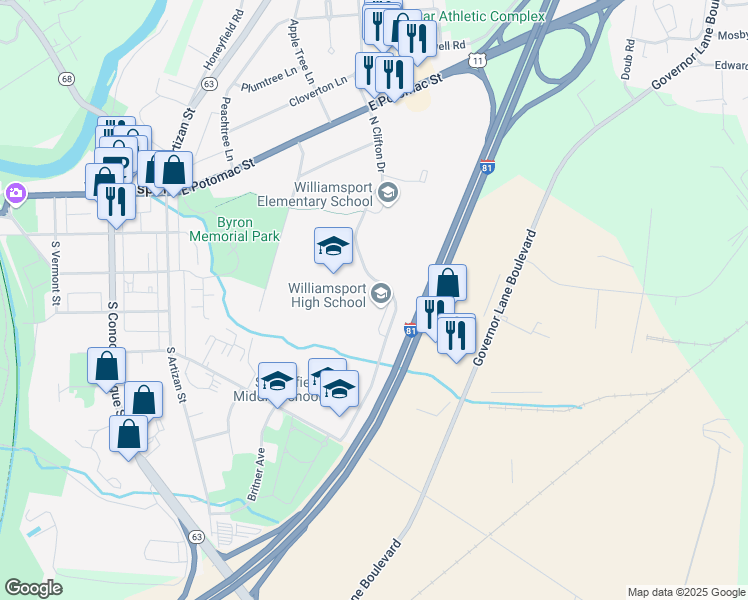 map of restaurants, bars, coffee shops, grocery stores, and more near 5 South Clifton Drive in Williamsport