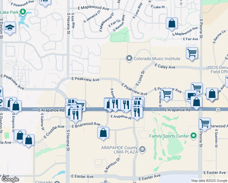 map of restaurants, bars, coffee shops, grocery stores, and more near in Greenwood Village