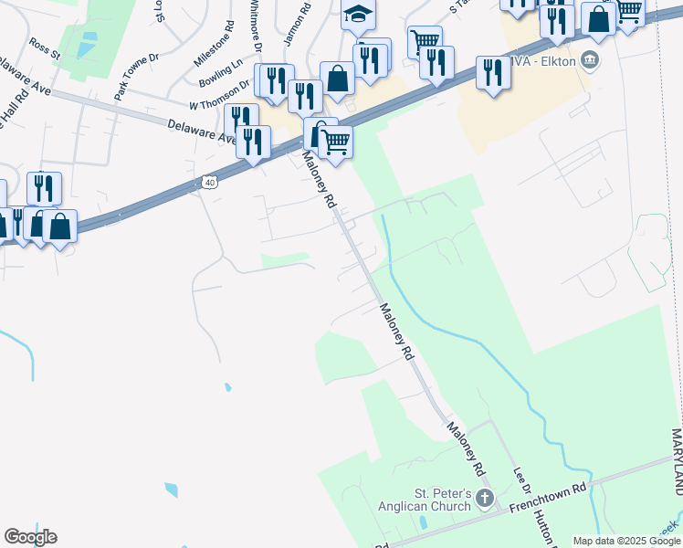map of restaurants, bars, coffee shops, grocery stores, and more near 295 Maloney Road in Elkton