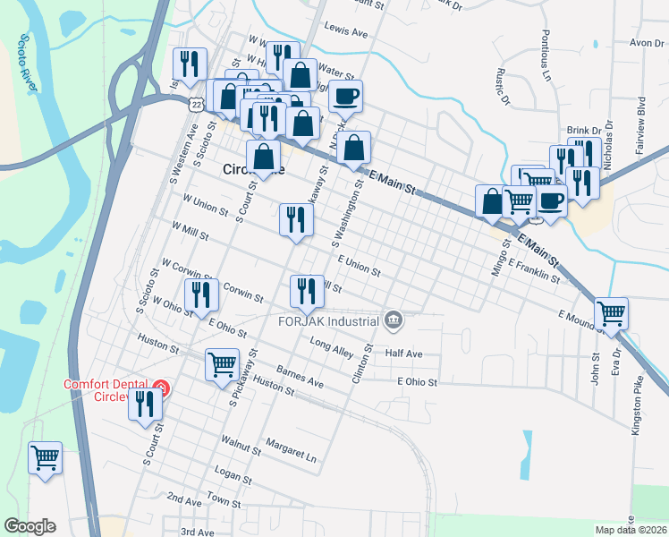 map of restaurants, bars, coffee shops, grocery stores, and more near 416 South Washington Street in Circleville