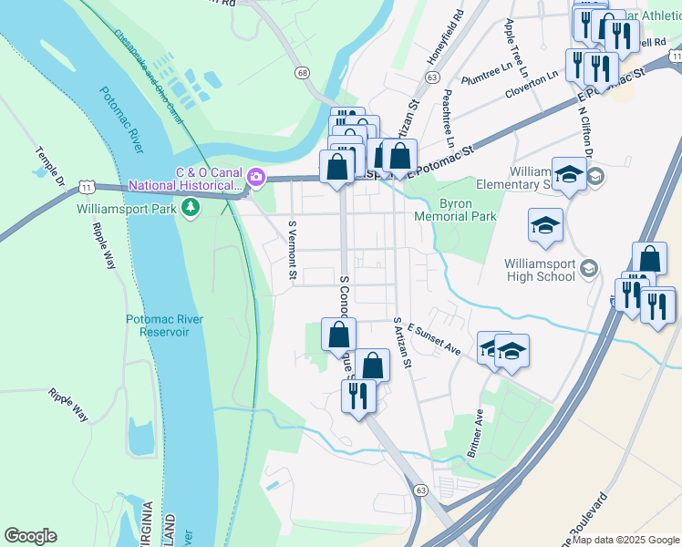 map of restaurants, bars, coffee shops, grocery stores, and more near 120 South Conococheague Street in Williamsport