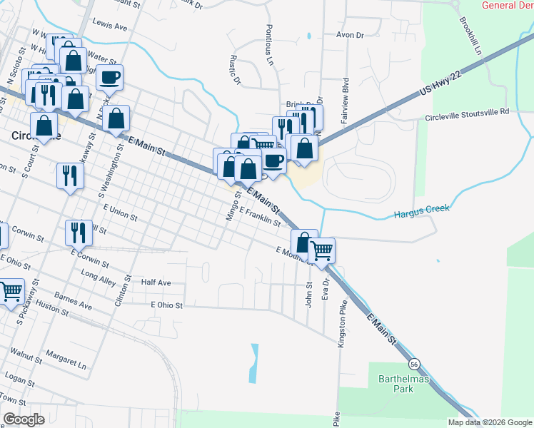 map of restaurants, bars, coffee shops, grocery stores, and more near 552 East Franklin Street in Circleville
