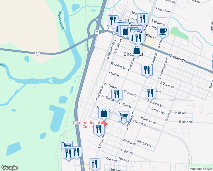 map of restaurants, bars, coffee shops, grocery stores, and more near 215 West Corwin Street in Circleville