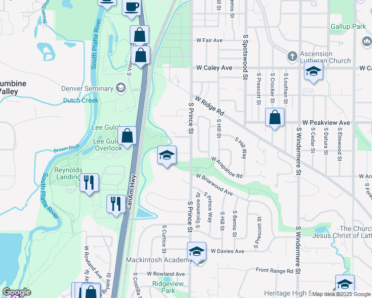 map of restaurants, bars, coffee shops, grocery stores, and more near 6567 South Prince Street in Littleton