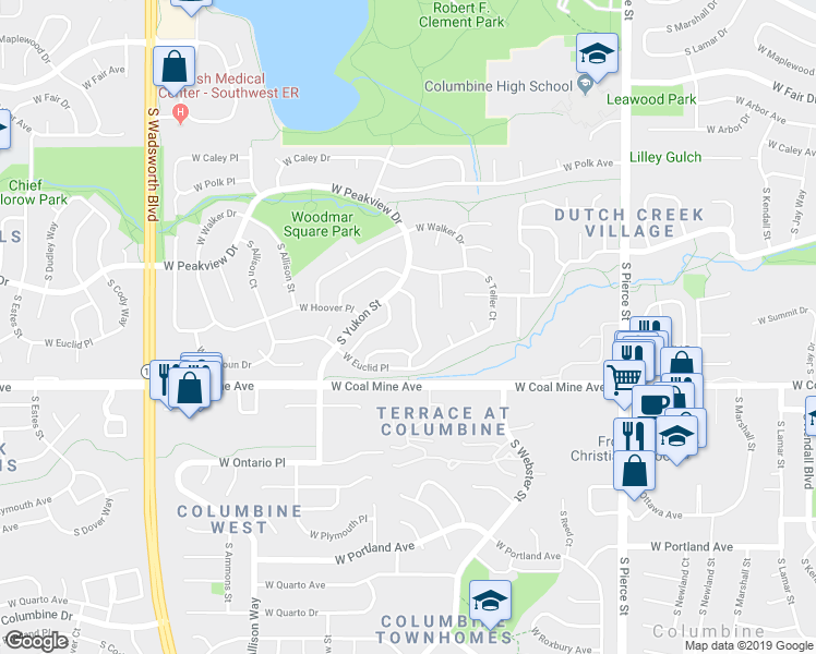 map of restaurants, bars, coffee shops, grocery stores, and more near 6605 South Webster Street in Littleton