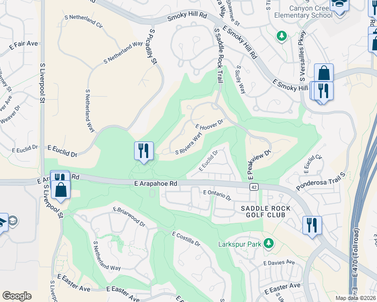 map of restaurants, bars, coffee shops, grocery stores, and more near 6558 South Riviera Way in Aurora