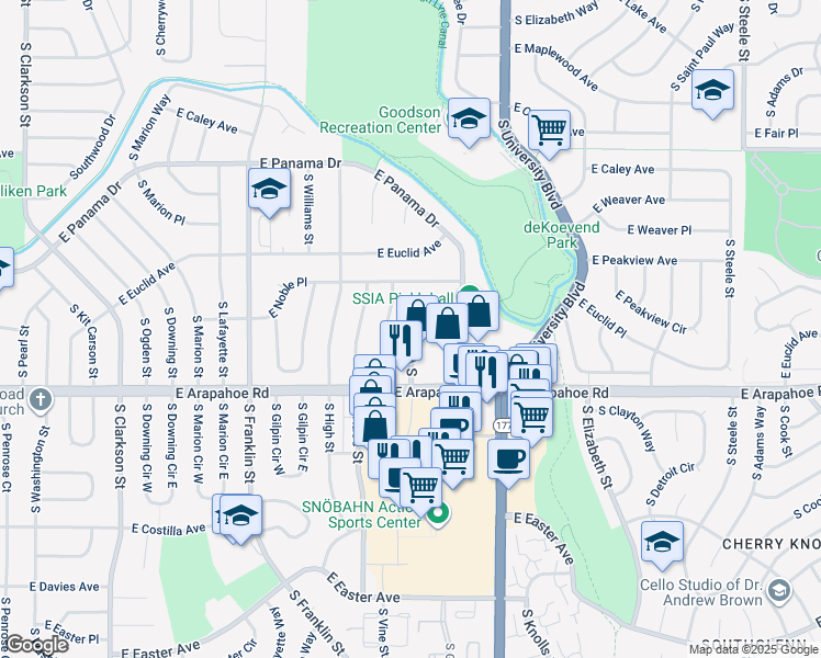 map of restaurants, bars, coffee shops, grocery stores, and more near 6601 South Vine Street in Centennial