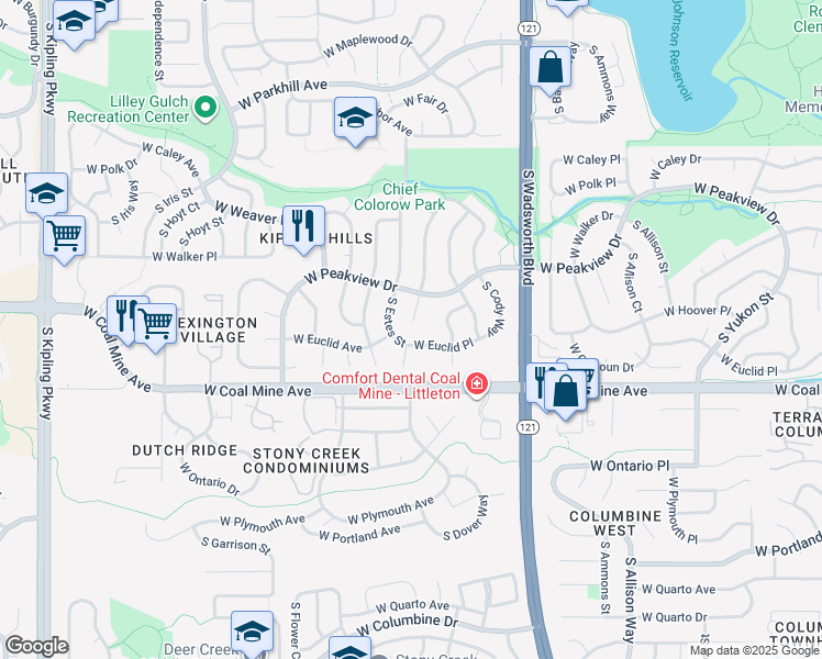 map of restaurants, bars, coffee shops, grocery stores, and more near 6594 South Dudley Way in Littleton