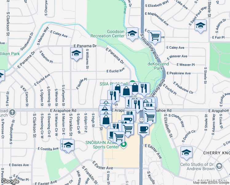 map of restaurants, bars, coffee shops, grocery stores, and more near 6601 South Vine Street in Centennial