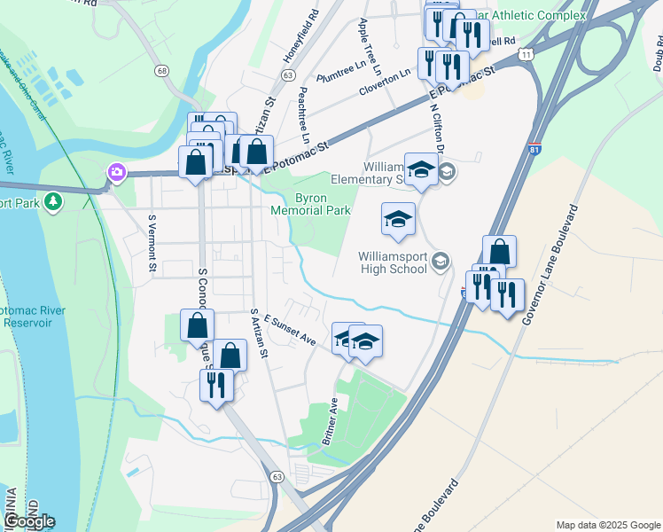 map of restaurants, bars, coffee shops, grocery stores, and more near 8 Springfield Lane in Williamsport