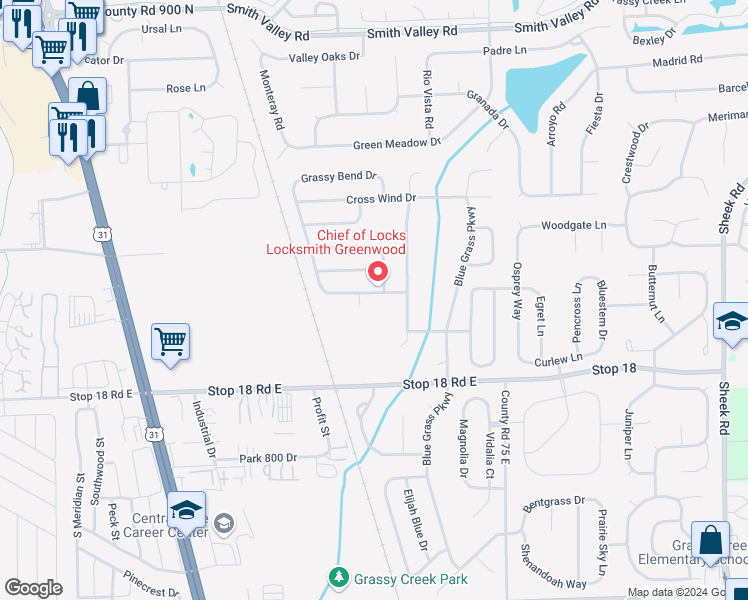 map of restaurants, bars, coffee shops, grocery stores, and more near 689 Loon Lane in Greenwood