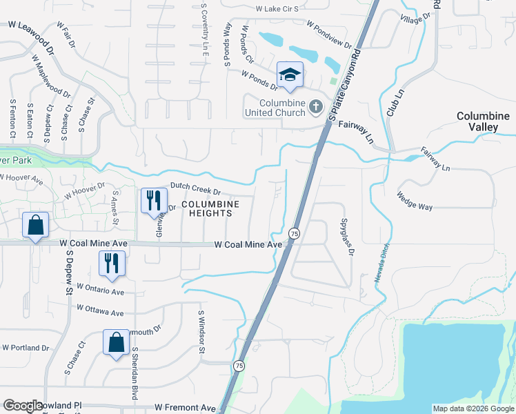 map of restaurants, bars, coffee shops, grocery stores, and more near 10 Meadowlark Ln in Littleton