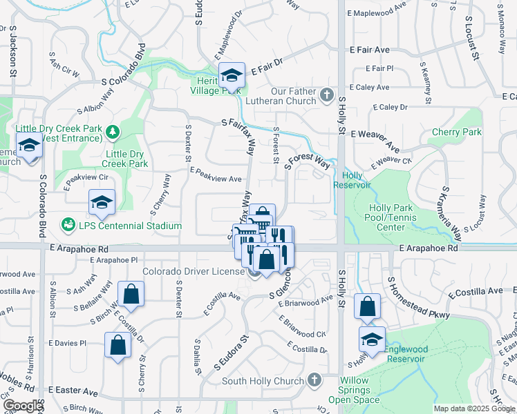 map of restaurants, bars, coffee shops, grocery stores, and more near 6607 South Forest Way in Centennial
