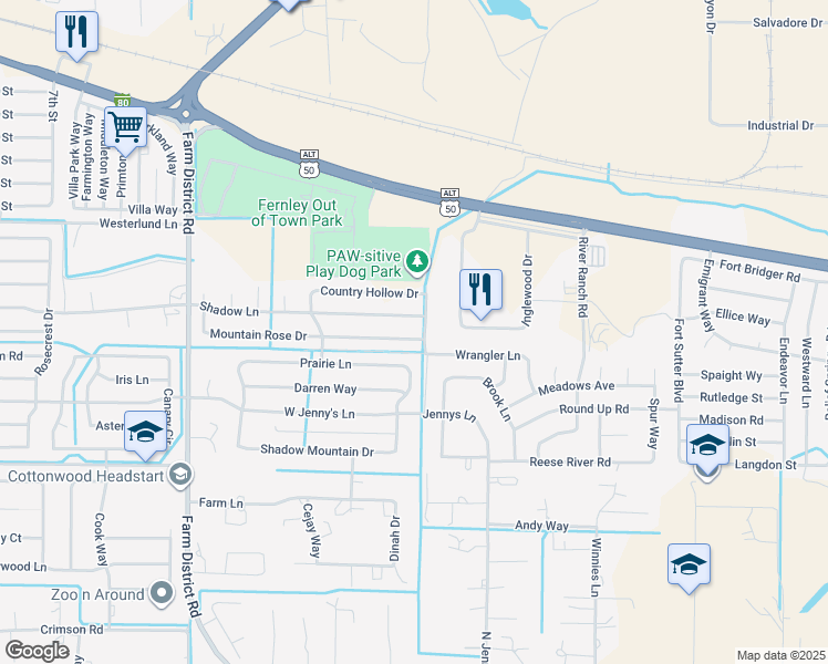 map of restaurants, bars, coffee shops, grocery stores, and more near 1494 Mountain Rose Drive in Fernley