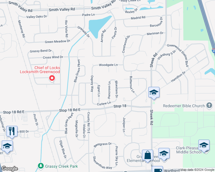 map of restaurants, bars, coffee shops, grocery stores, and more near 1428 Pencross Lane in Greenwood