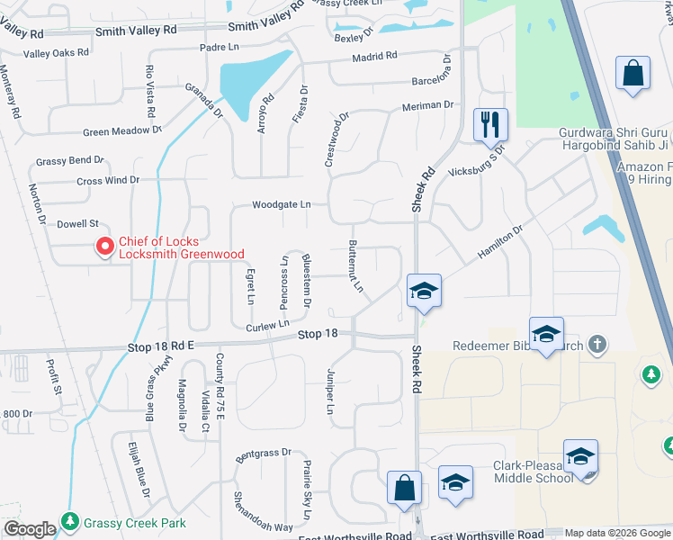 map of restaurants, bars, coffee shops, grocery stores, and more near 1042 Fountain Grass Drive in Greenwood