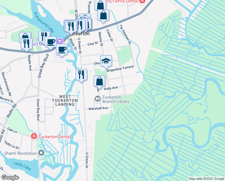 map of restaurants, bars, coffee shops, grocery stores, and more near 363 Marine Street in Tuckerton
