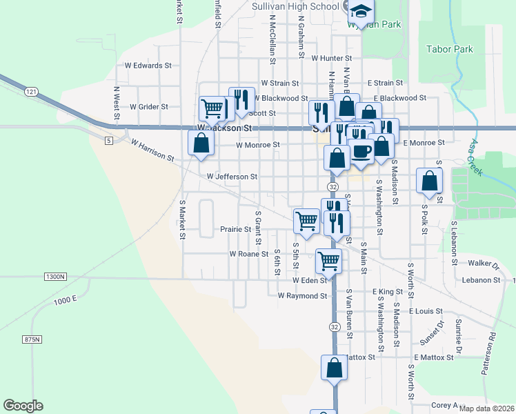 map of restaurants, bars, coffee shops, grocery stores, and more near 301 South Grant Street in Sullivan