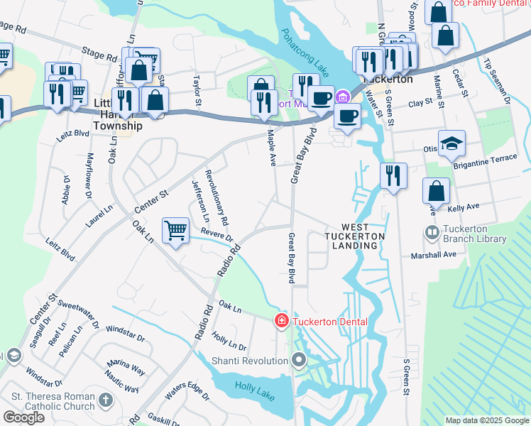 map of restaurants, bars, coffee shops, grocery stores, and more near 223 Western Avenue in Tuckerton