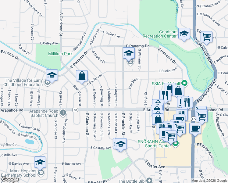 map of restaurants, bars, coffee shops, grocery stores, and more near 6609 South Lafayette Street in Centennial