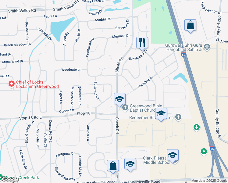 map of restaurants, bars, coffee shops, grocery stores, and more near 1447 Vinewood Drive in Greenwood