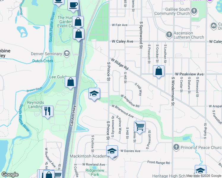 map of restaurants, bars, coffee shops, grocery stores, and more near 6567 South Prince Street in Littleton