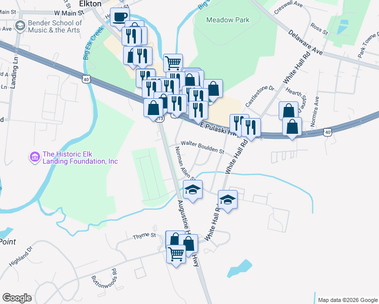 map of restaurants, bars, coffee shops, grocery stores, and more near 2 Arthur Cameron Circle in Elkton