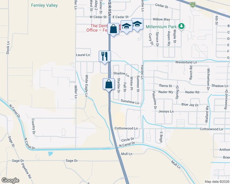 map of restaurants, bars, coffee shops, grocery stores, and more near 805 Sunny Lane in Fernley