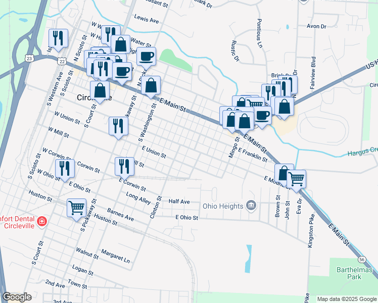 map of restaurants, bars, coffee shops, grocery stores, and more near 421 East Mound Street in Circleville