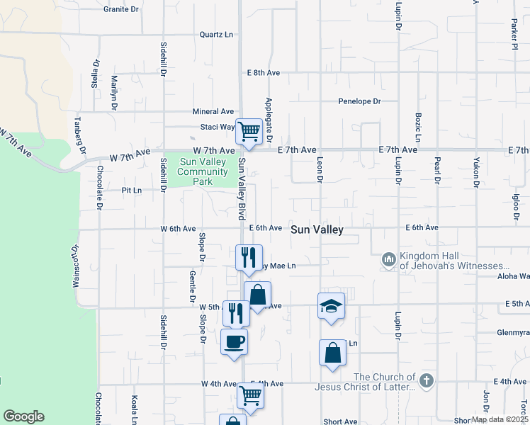 map of restaurants, bars, coffee shops, grocery stores, and more near 5625 Duclercque Way in Sun Valley