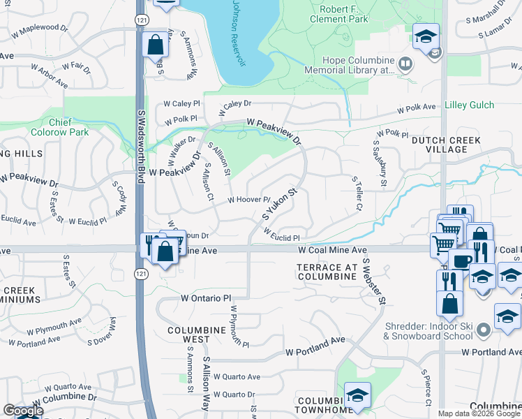 map of restaurants, bars, coffee shops, grocery stores, and more near 6600 South Yarrow Street in Littleton