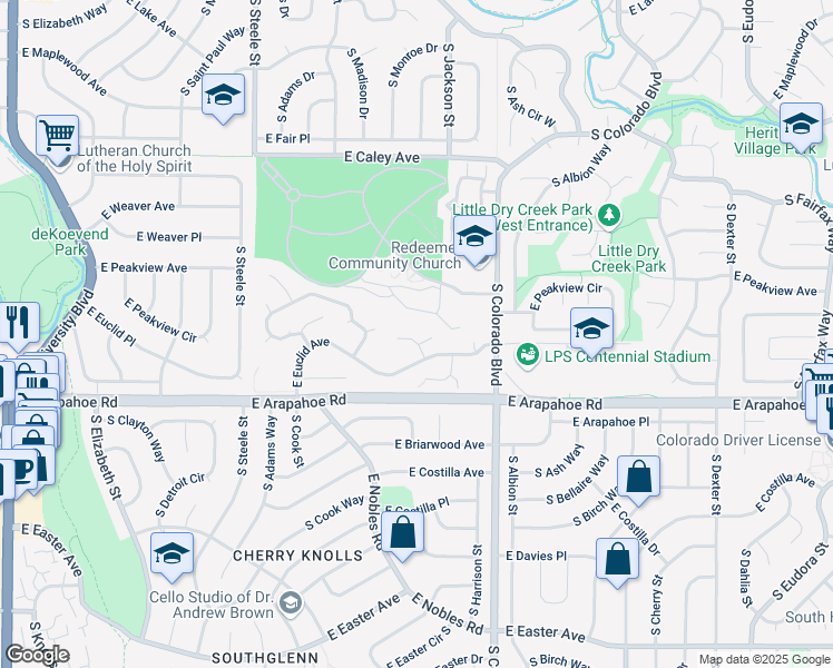 map of restaurants, bars, coffee shops, grocery stores, and more near 6546 South Garfield Court in Centennial