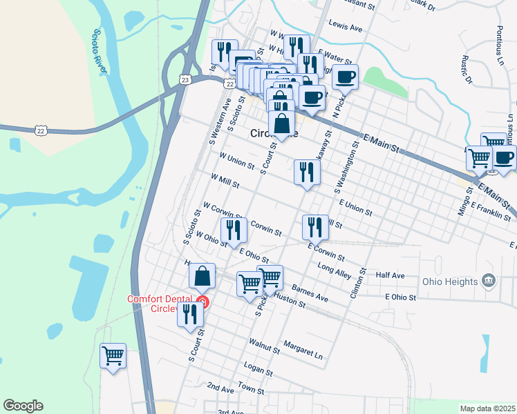 map of restaurants, bars, coffee shops, grocery stores, and more near 532 South Court Street in Circleville