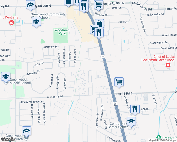 map of restaurants, bars, coffee shops, grocery stores, and more near 1301 York Street in Greenwood