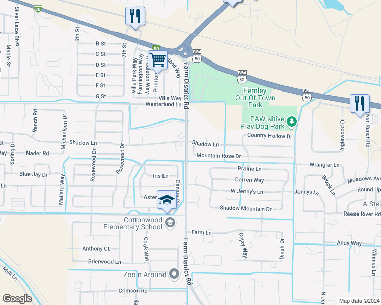 map of restaurants, bars, coffee shops, grocery stores, and more near 558 Sunrise Lane in Fernley