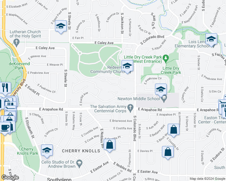 map of restaurants, bars, coffee shops, grocery stores, and more near 6546 South Garfield Court in Centennial
