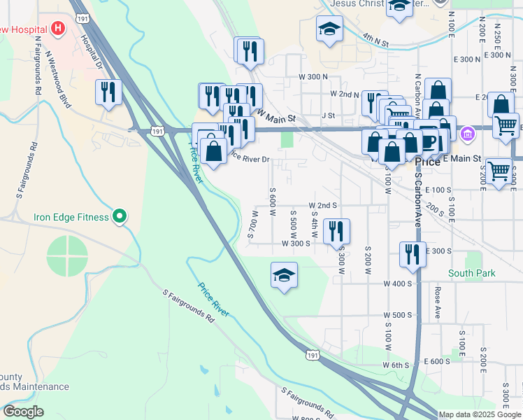 map of restaurants, bars, coffee shops, grocery stores, and more near 669 West 2nd South in Price