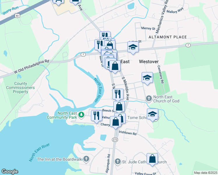 map of restaurants, bars, coffee shops, grocery stores, and more near 303 South Main Street in North East