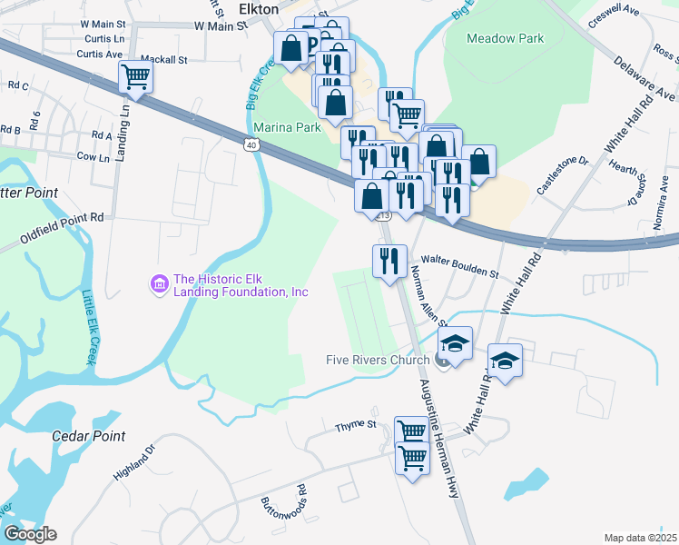 map of restaurants, bars, coffee shops, grocery stores, and more near 4 Fair Hill Road in Elkton