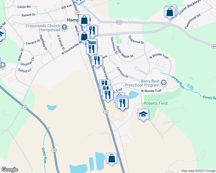 map of restaurants, bars, coffee shops, grocery stores, and more near 4220 Crystal Court in Hampstead
