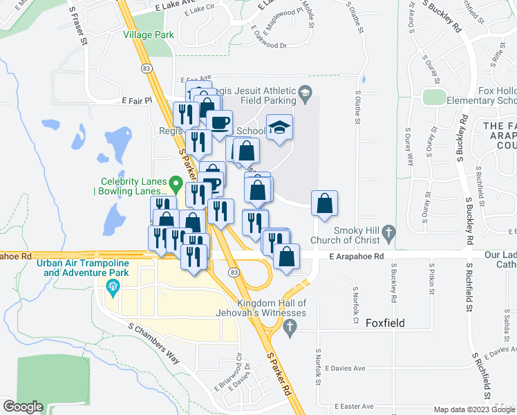 map of restaurants, bars, coffee shops, grocery stores, and more near 6606 South Parker Road in Aurora