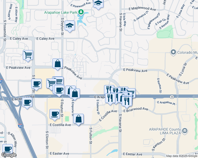 map of restaurants, bars, coffee shops, grocery stores, and more near 10313 East Peakview Avenue in Englewood