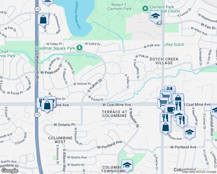 map of restaurants, bars, coffee shops, grocery stores, and more near 6604 South Webster Street in Littleton