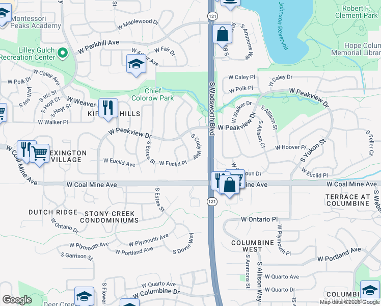 map of restaurants, bars, coffee shops, grocery stores, and more near 6572 South Dover Street in Littleton