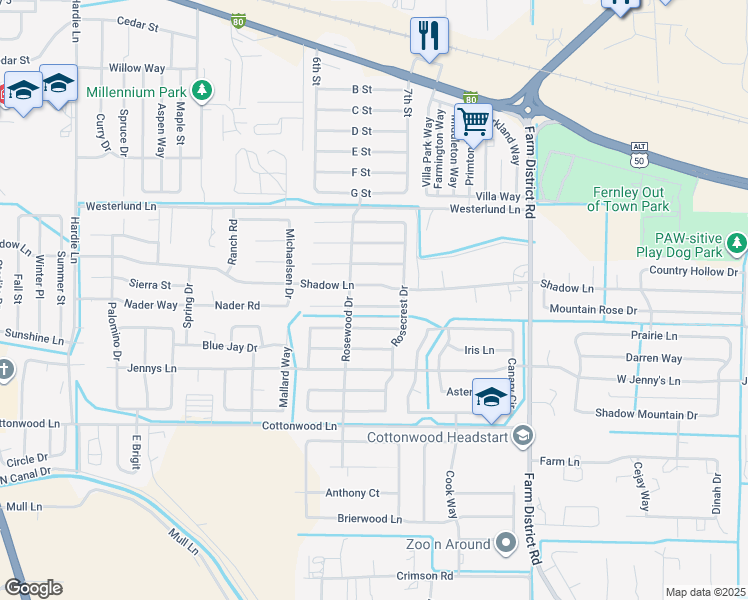map of restaurants, bars, coffee shops, grocery stores, and more near 830 Columbine Drive in Fernley