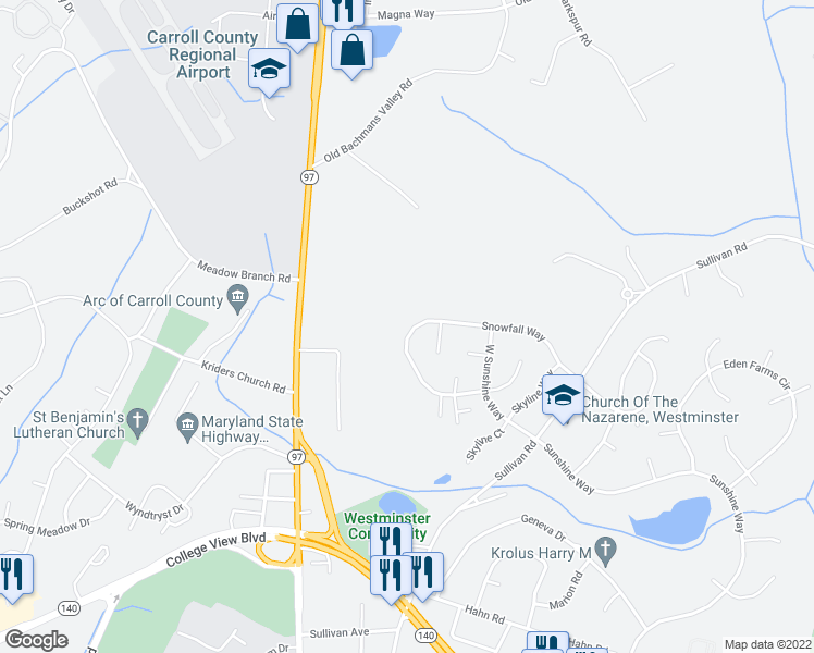 map of restaurants, bars, coffee shops, grocery stores, and more near 823 Snowfall Way in Westminster